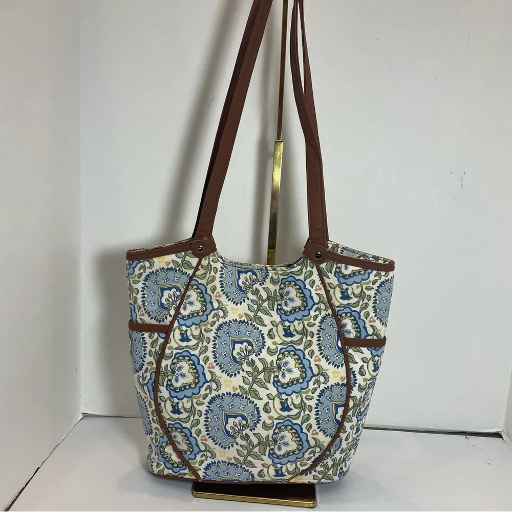 Longaberger Small Tote Bag,  Faux Leather Trim & Handles. Spots noted in picture